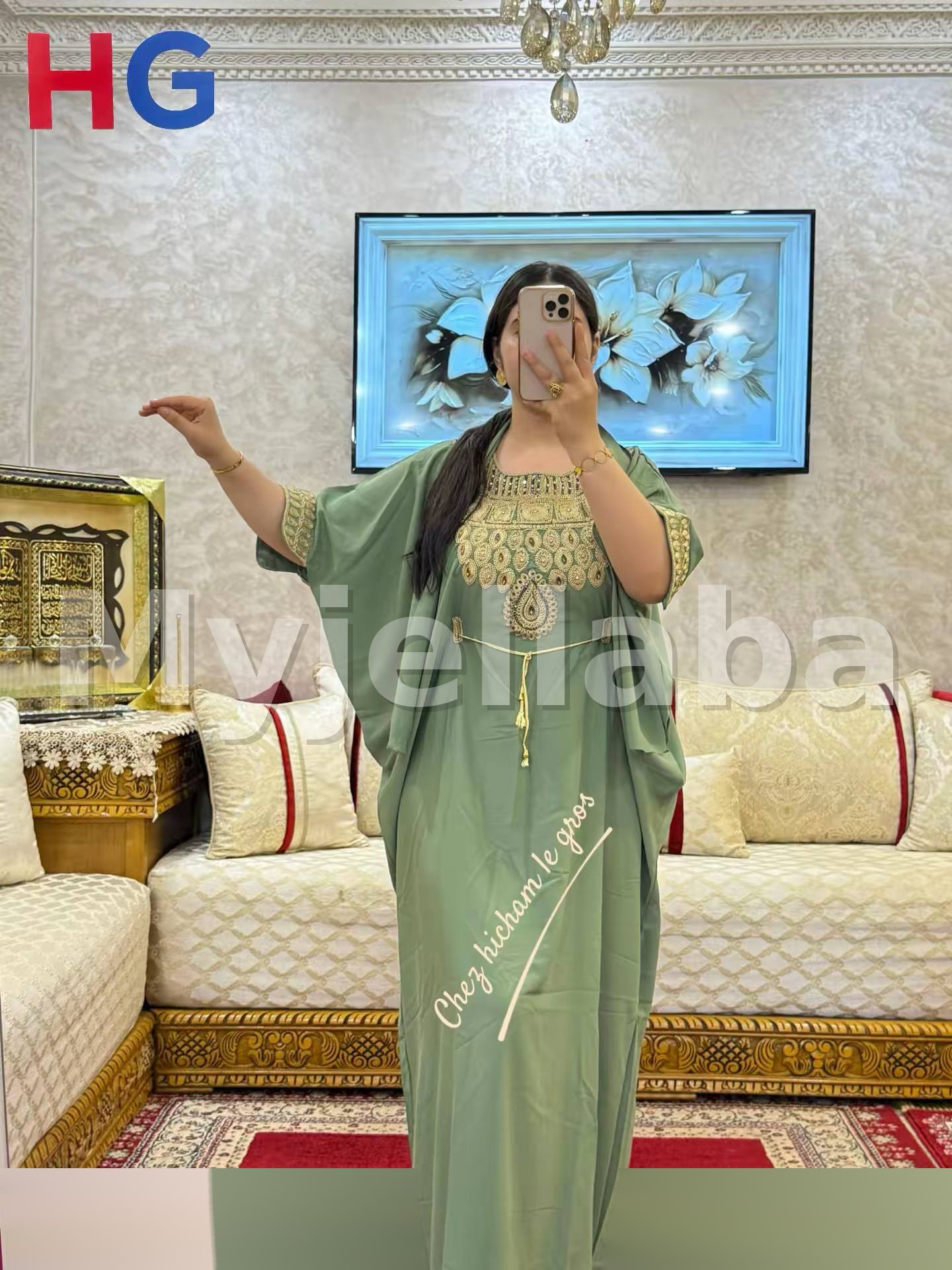 Jellaba Vert Olive Broderies Dorées