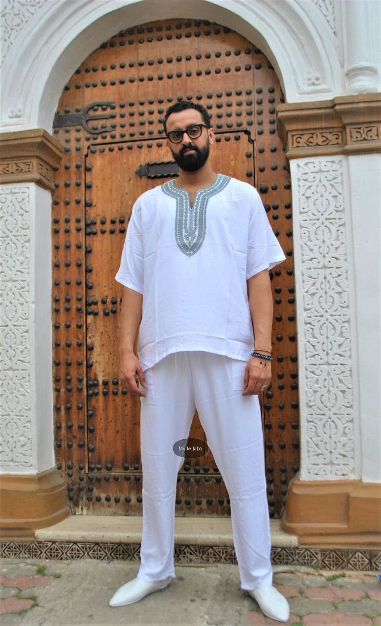 Ensemble Gandoura Homme Blanche Brodée