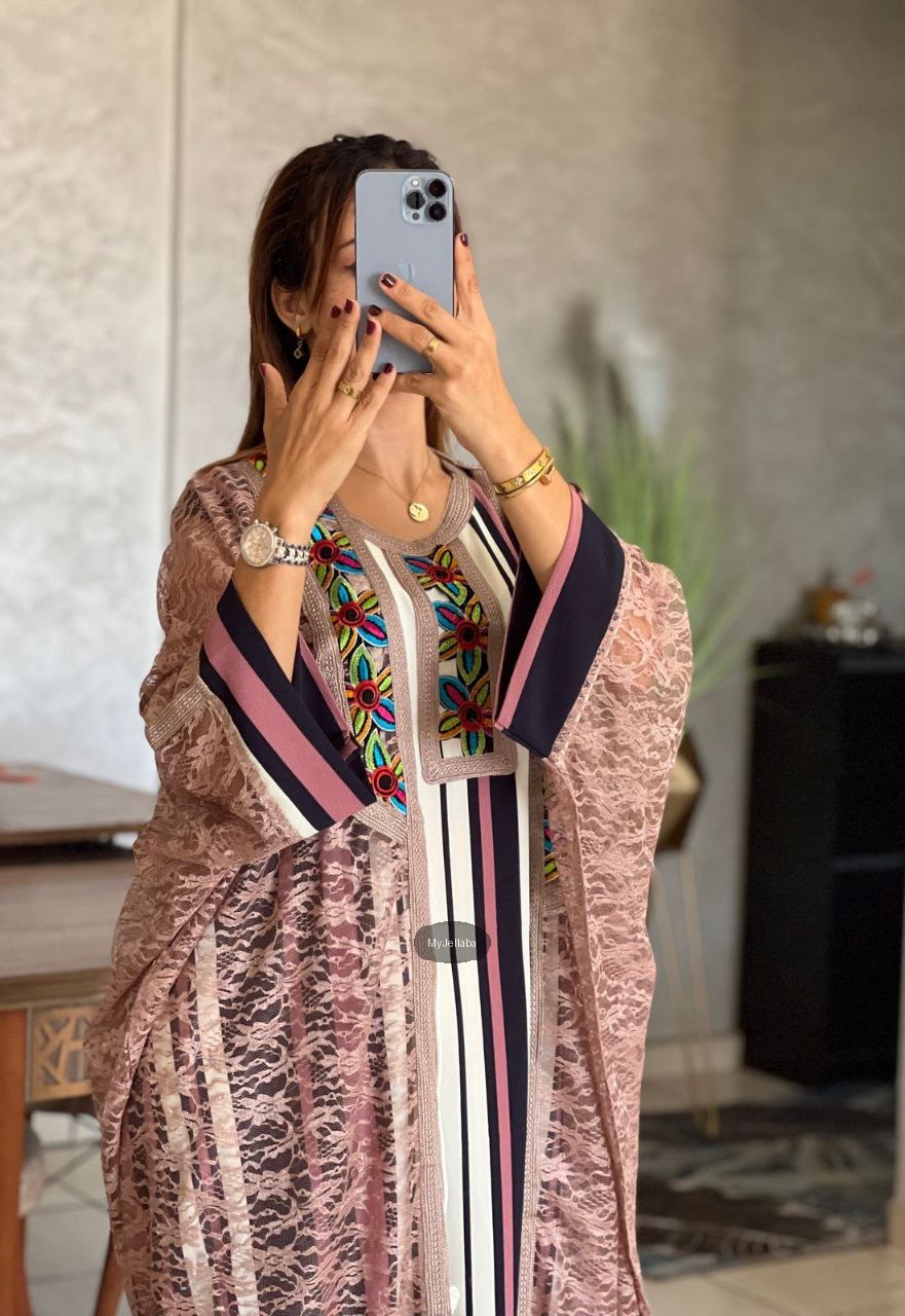 Jellaba Moderne en Dentelle Orange Brodée - 9