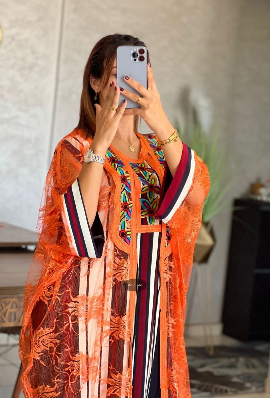 Jellaba Moderne en Dentelle Orange Brodée - 10