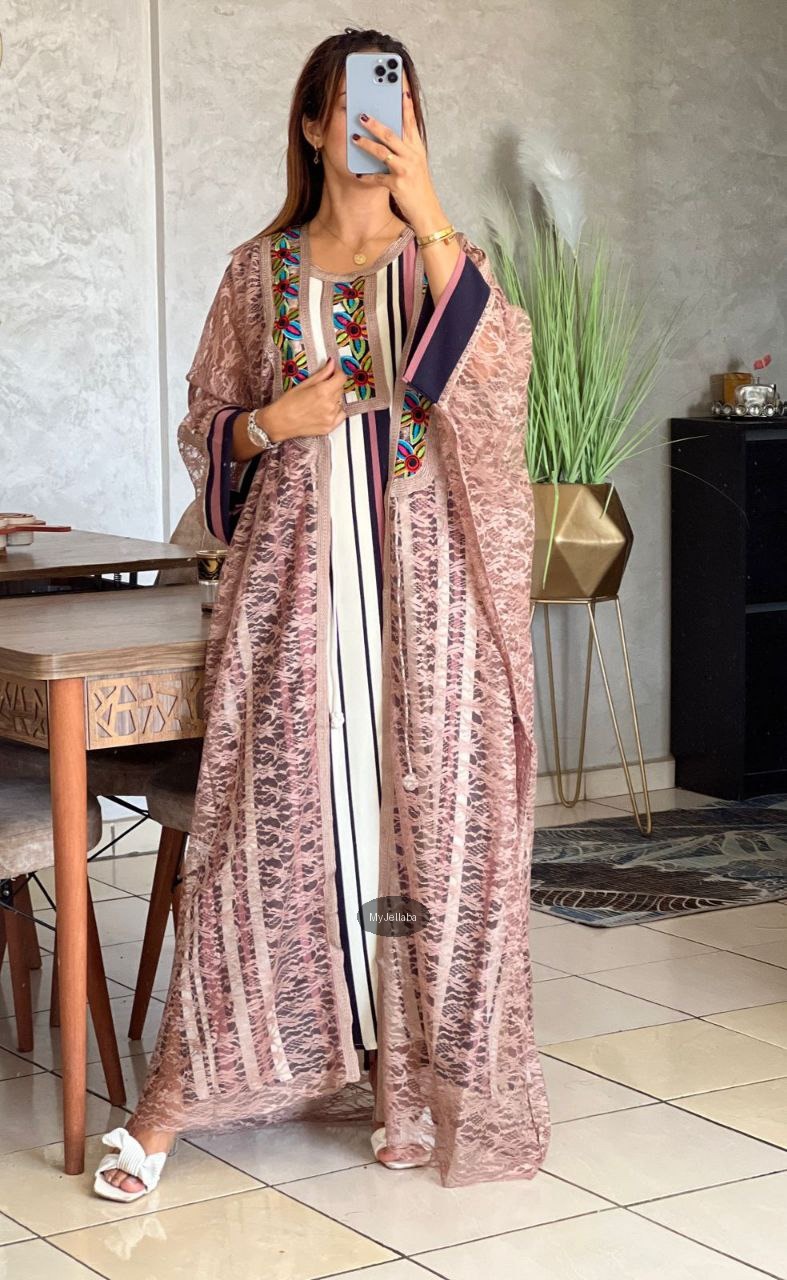 Jellaba Moderne en Dentelle Orange Brodée - 3