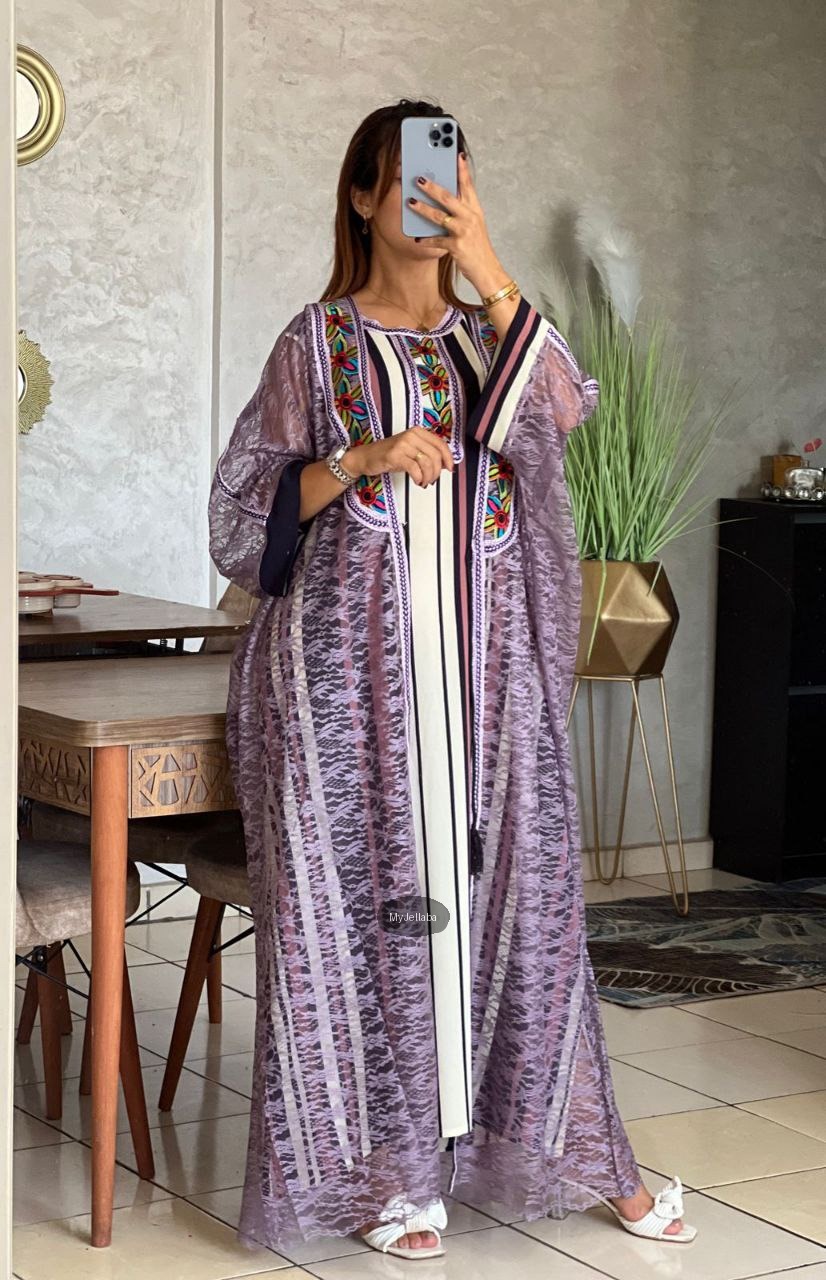 Jellaba Moderne en Dentelle Orange Brodée