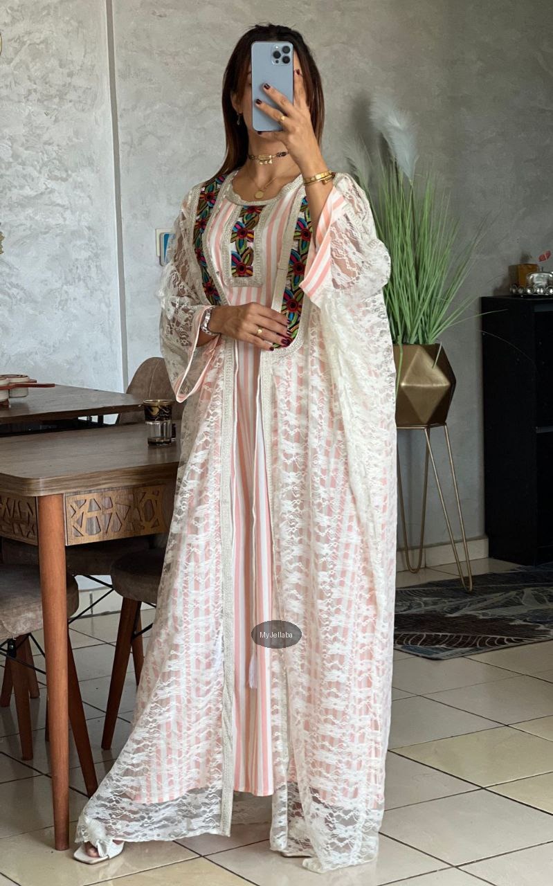 Jellaba Moderne en Dentelle Orange Brodée - 7