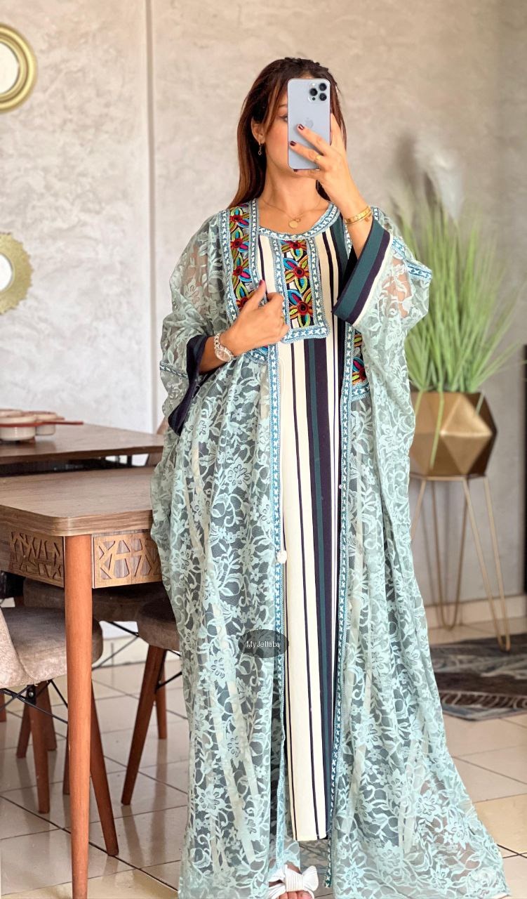 Jellaba Moderne en Dentelle Jaune - 5