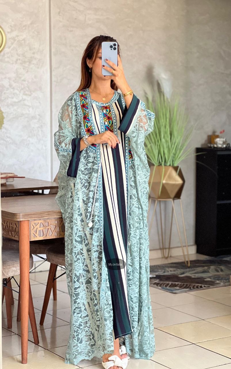 Jellaba Moderne en Dentelle Jaune - 6