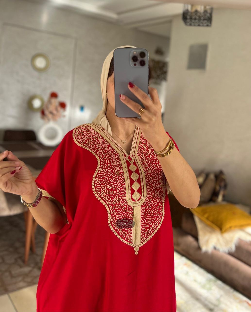 Jellaba Marocaine Brodée Rouge - 5