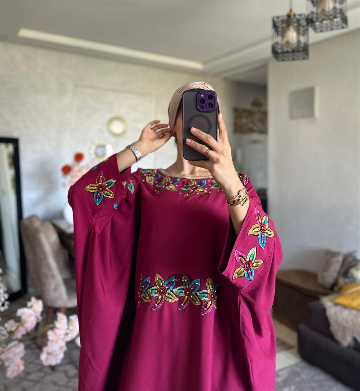 Jellaba Florale Brodée Bordeau - 8