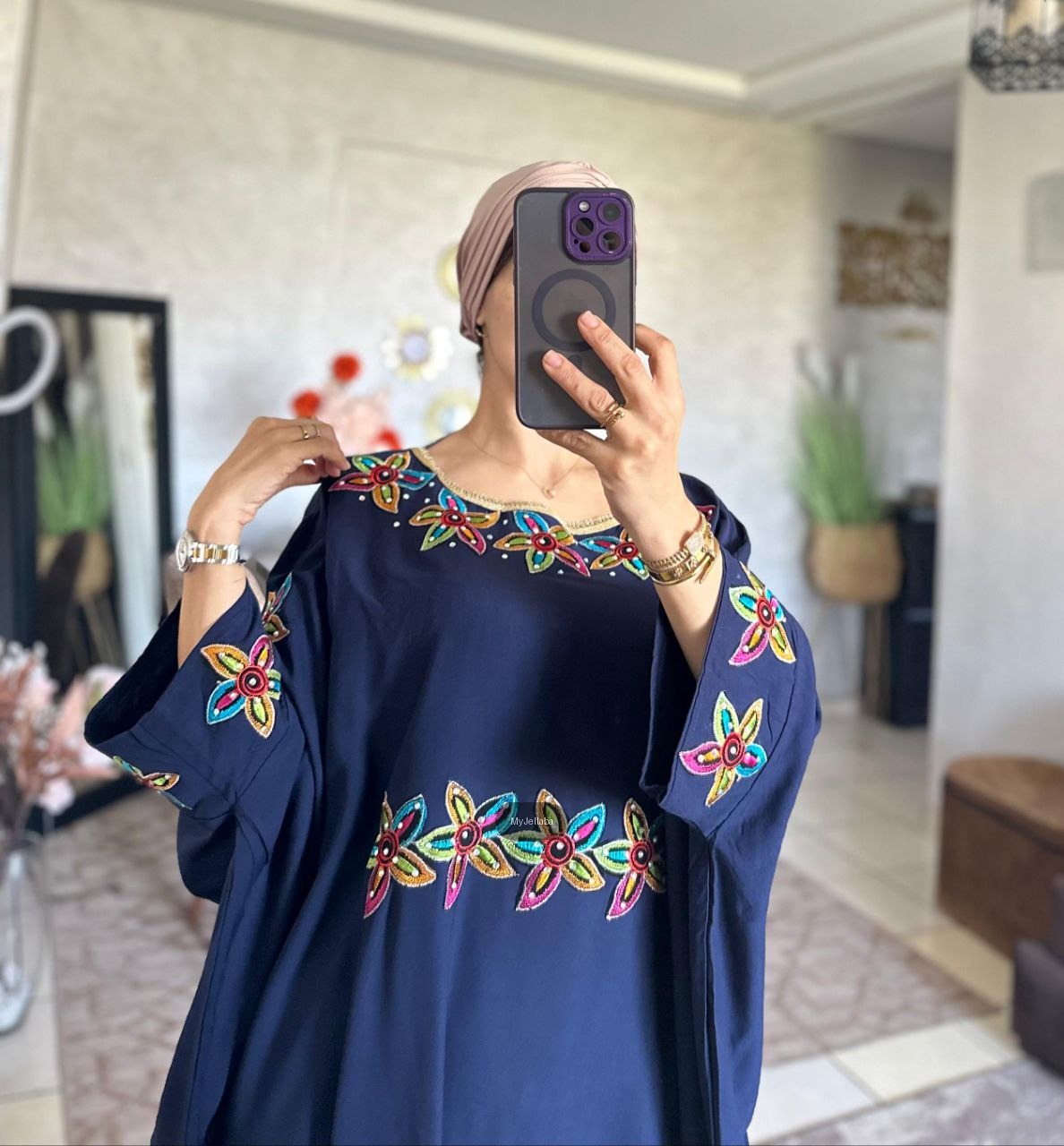 Jellaba Florale Brodée Bordeau