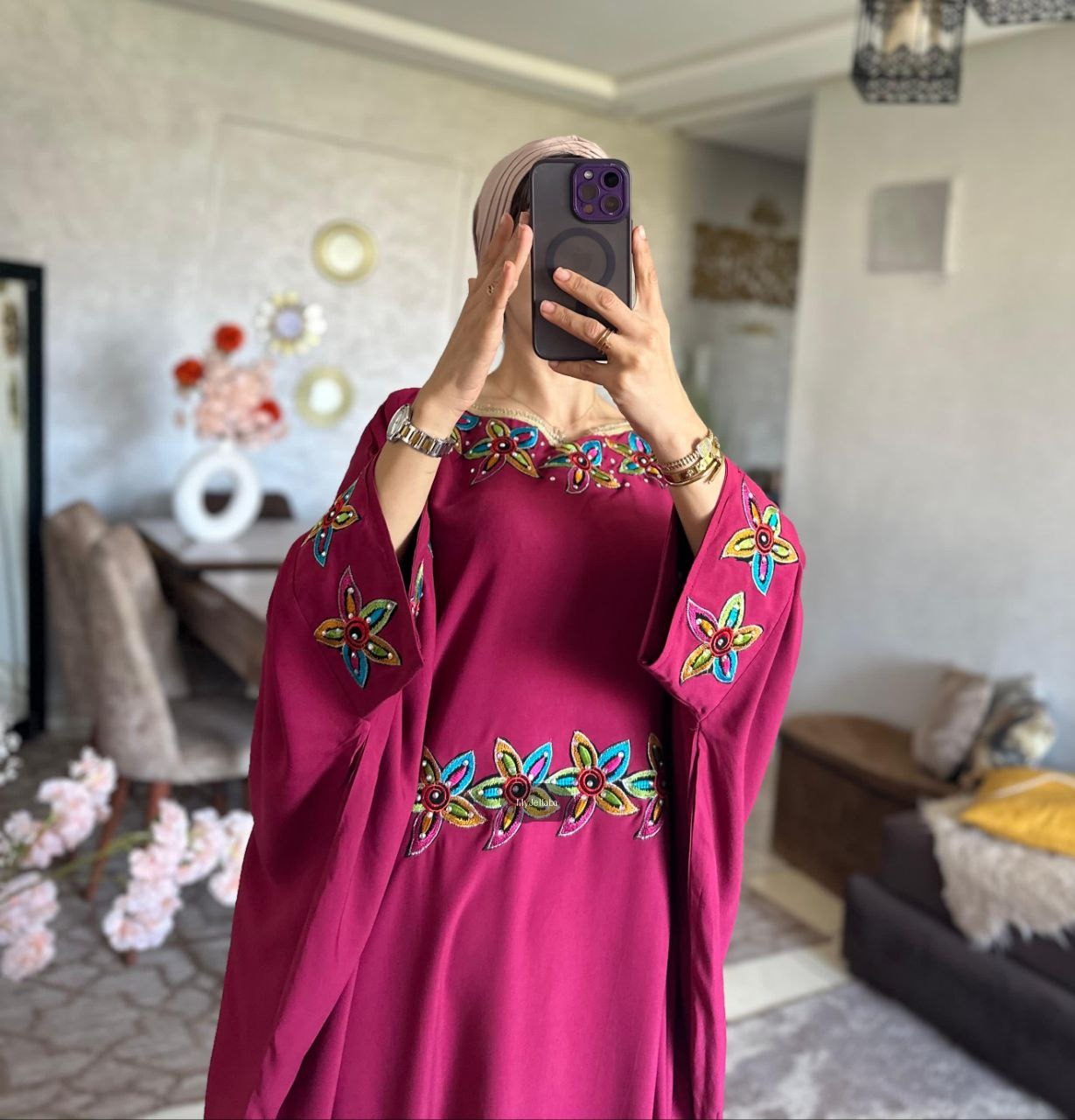 Jellaba Florale Brodée Bordeau