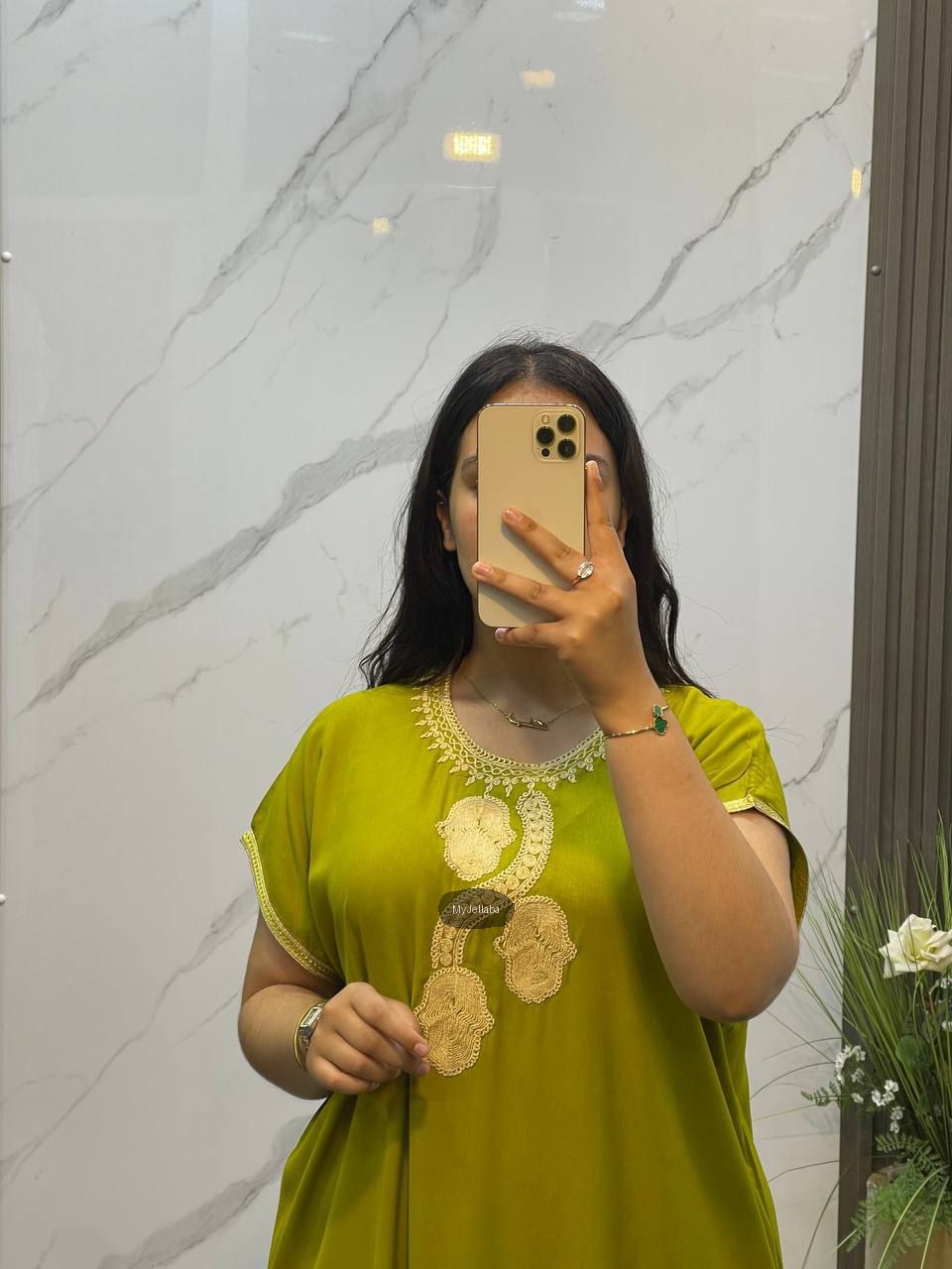 Jellaba Moderne Vert Olive Broderie Dorée - 10