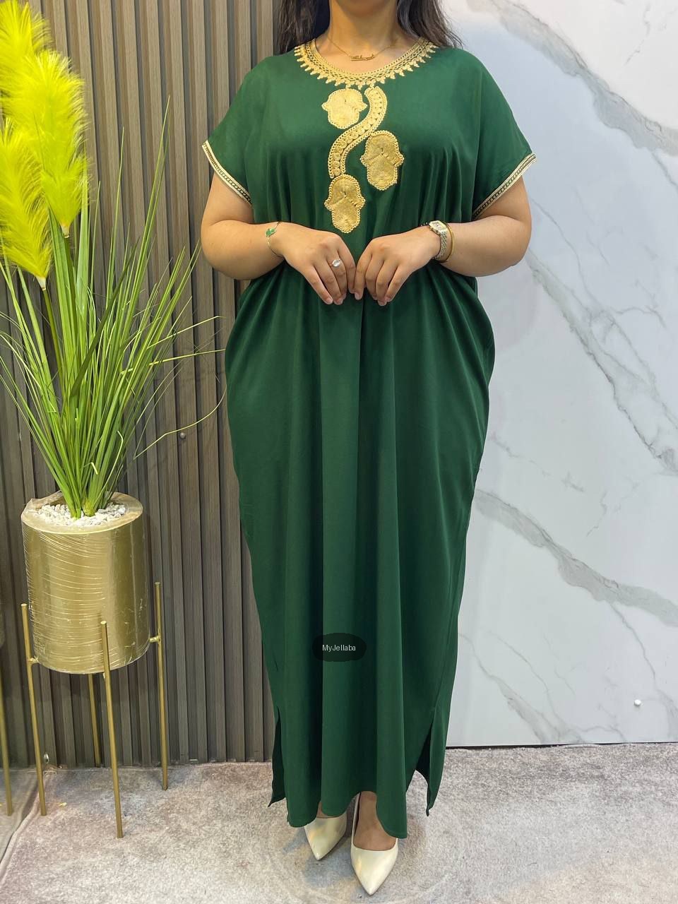 Jellaba Moderne Vert Olive Broderie Dorée - 5