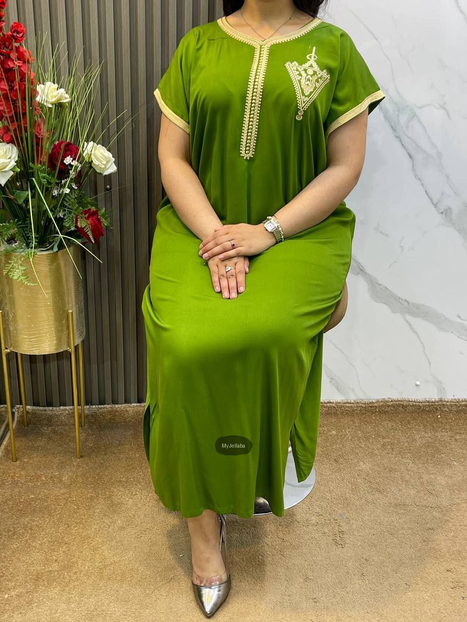 Jellaba Velours Vert Printanier