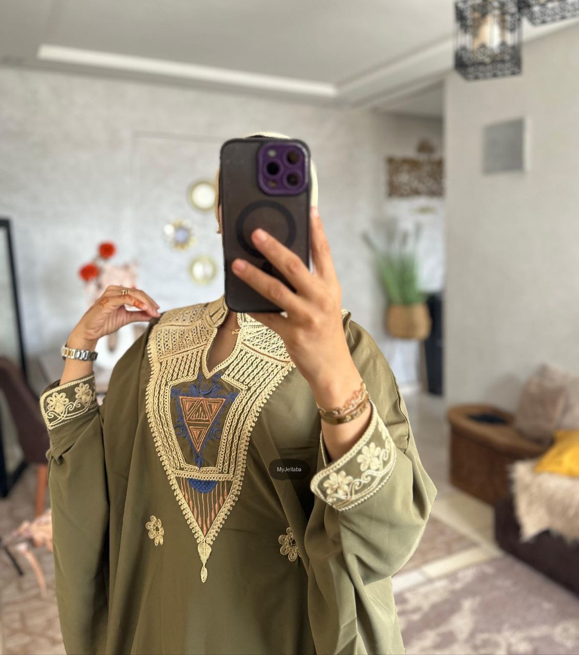 Jellaba Caftan Brodée Vert Olive - 4