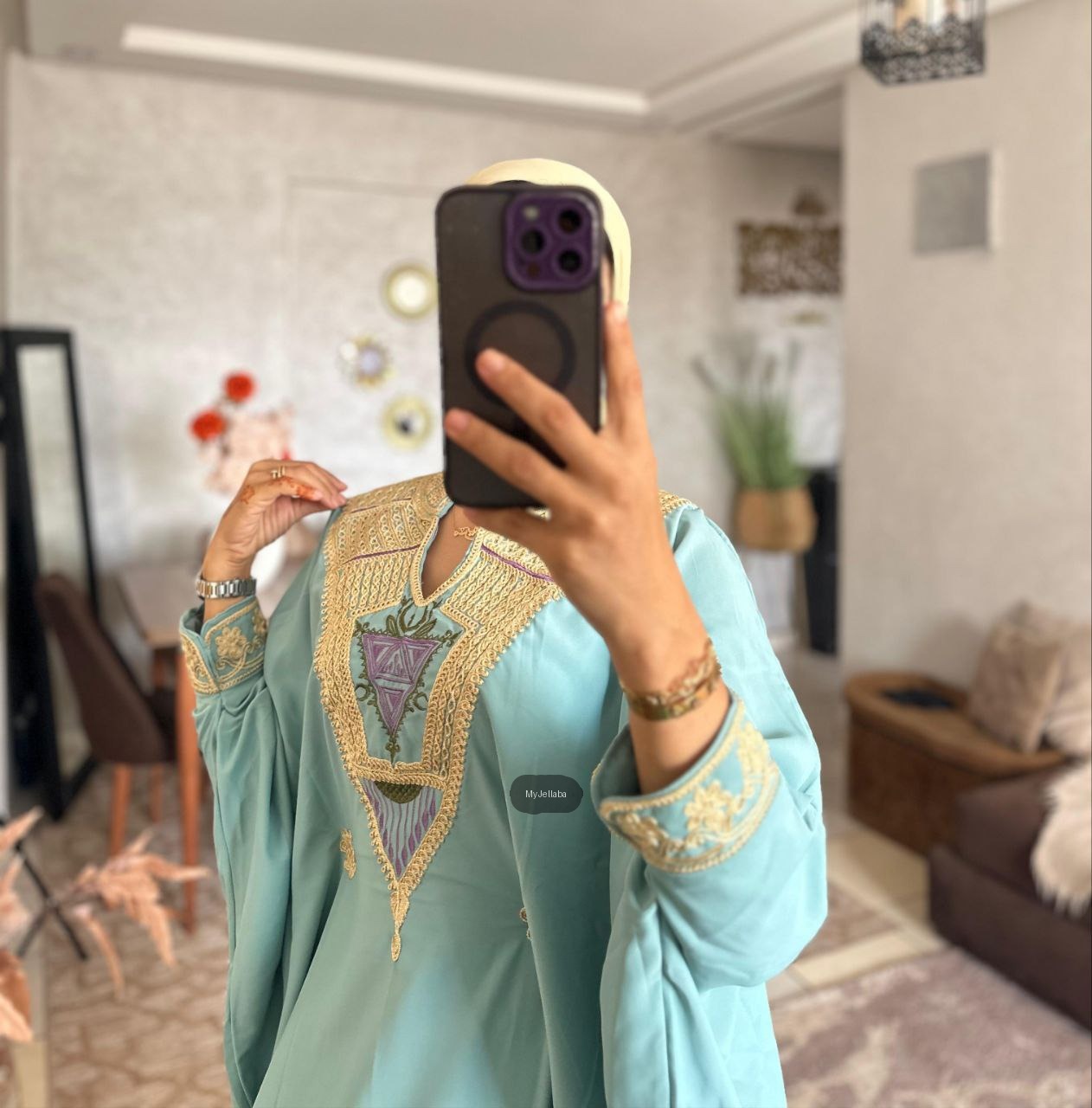 Jellaba Turquoise Broderie Or