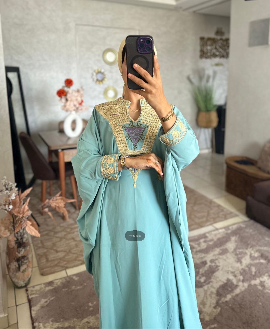 Jellaba Turquoise Broderie Or - 3