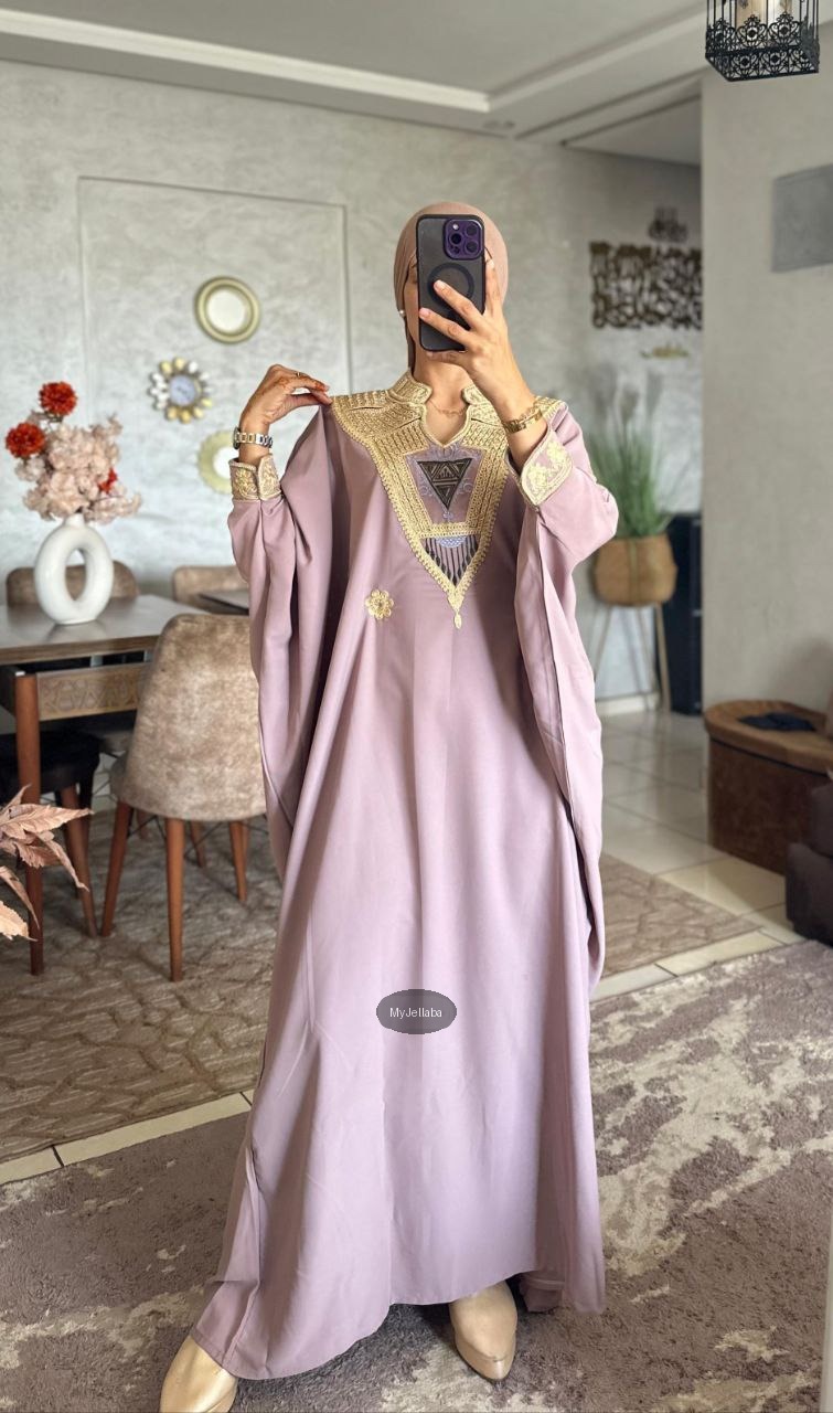 Jellaba Moderne Brodée Lilas et Or