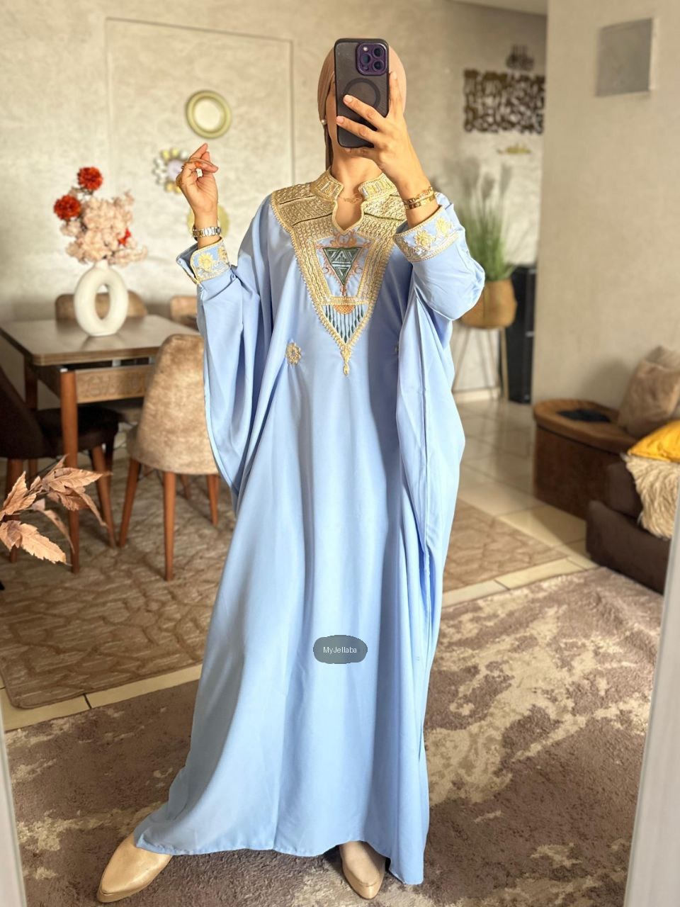 Jellaba Moderne Ciel Brodée Or
