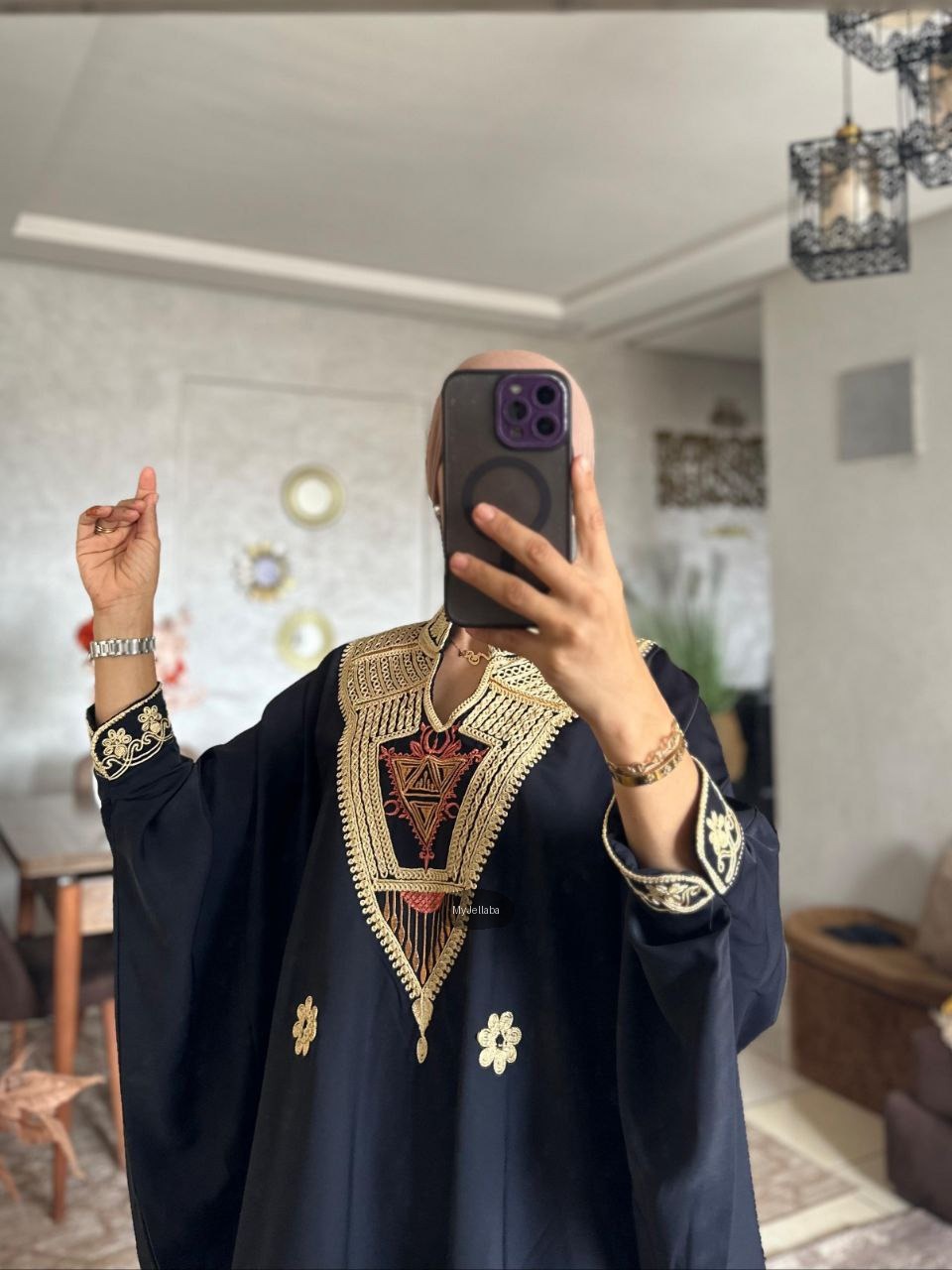 Jellaba Noire Brodée Or - 4