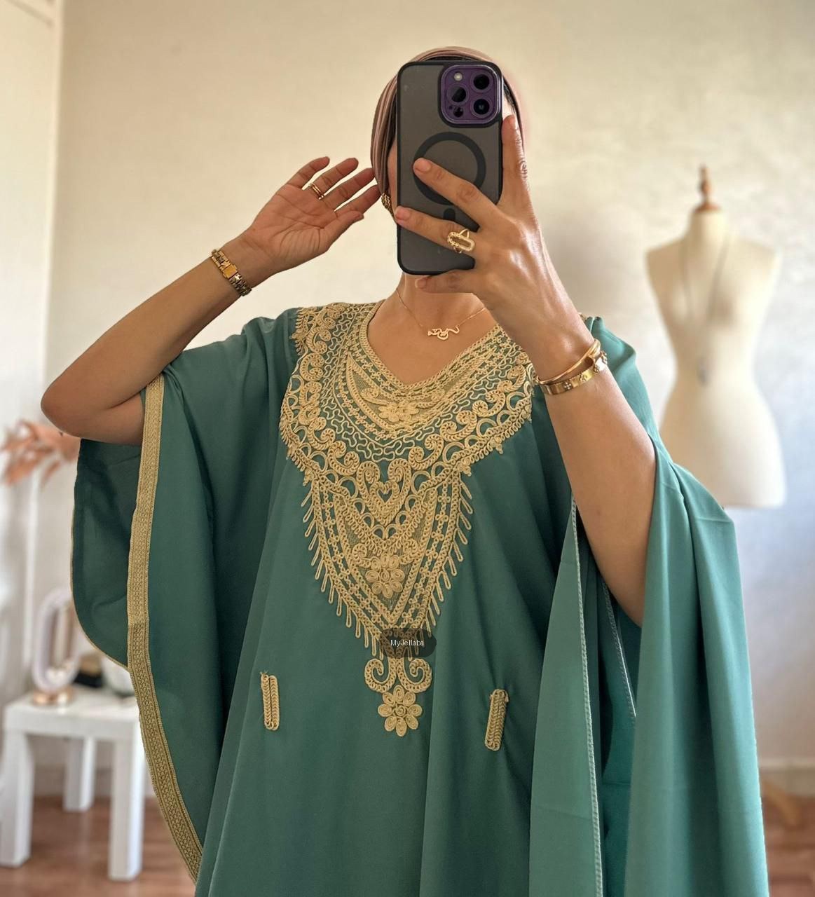Jellaba Vert Émeraude Brodée Or