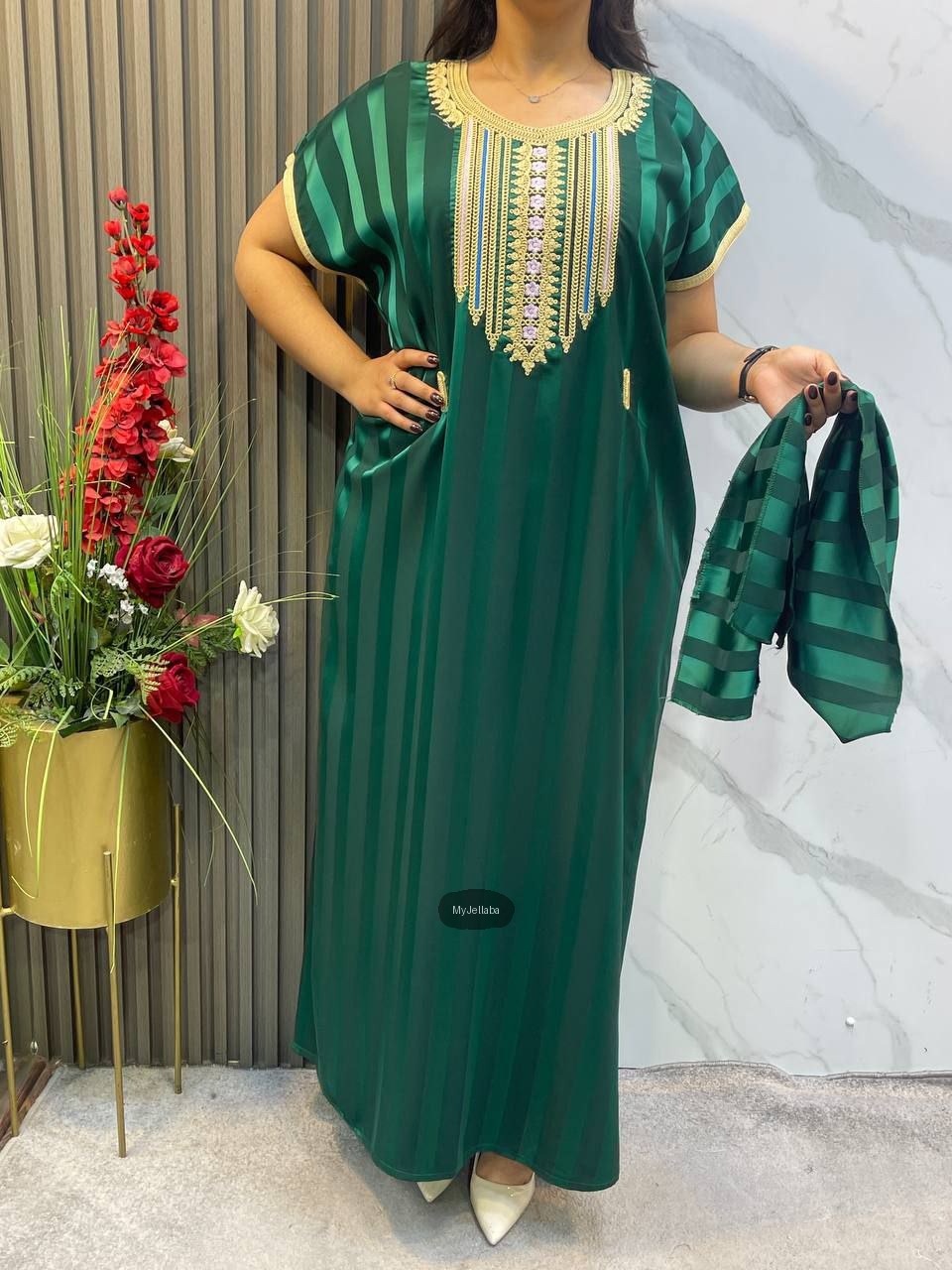 Jellaba Émeraude Rayée Brodée