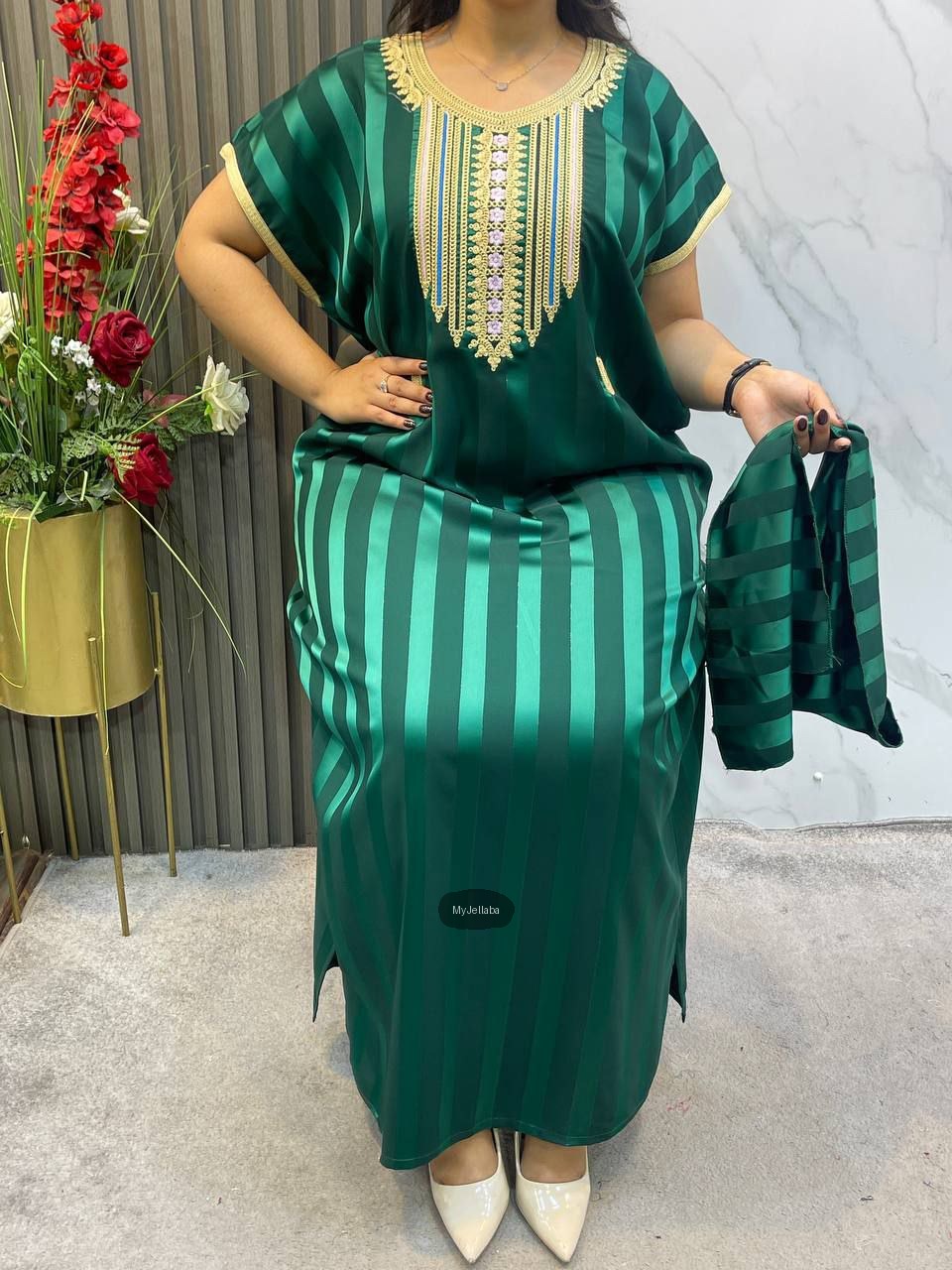 Jellaba Émeraude Rayée Brodée