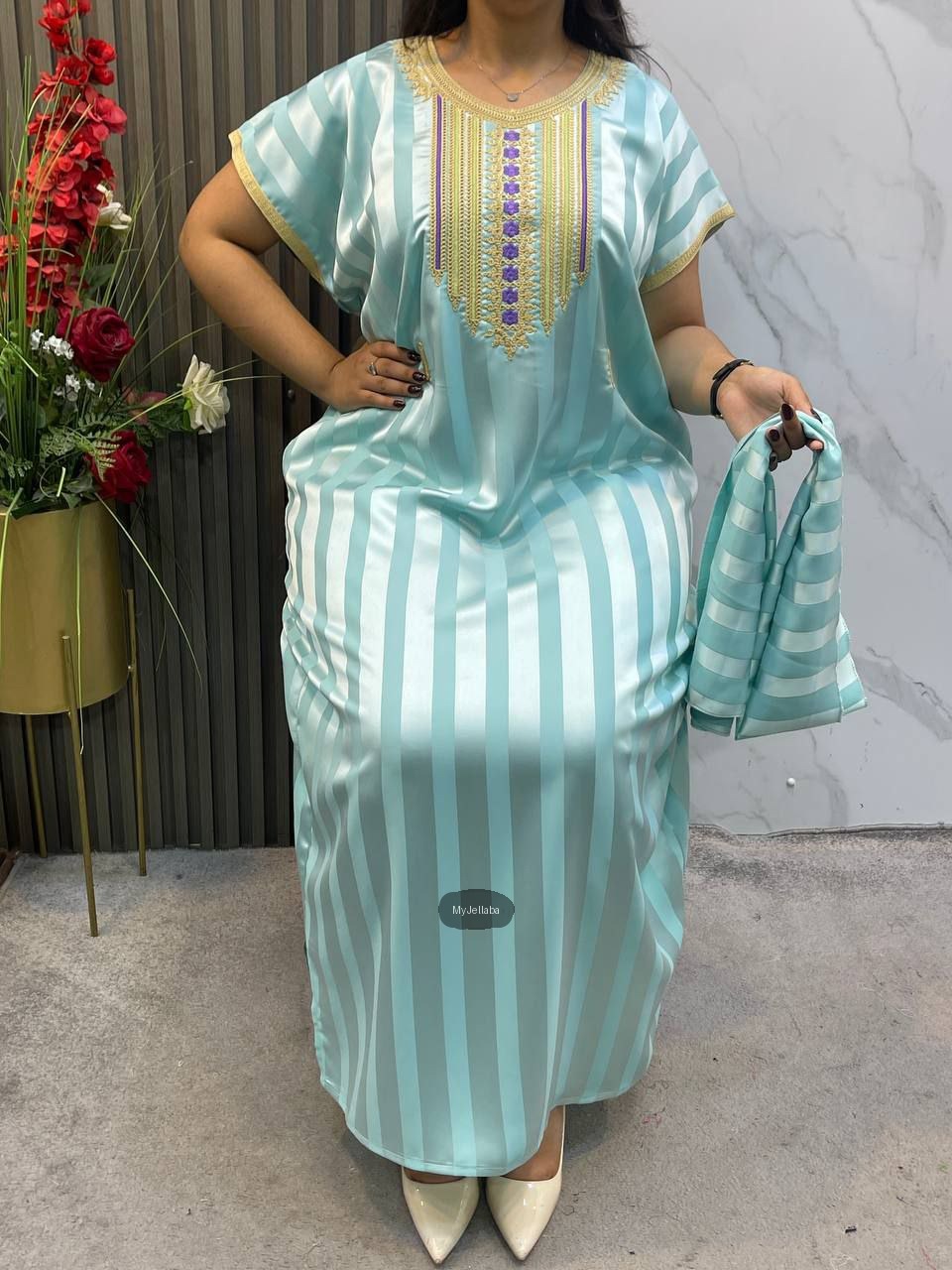 Jellaba Rayée Turquoise Brodée