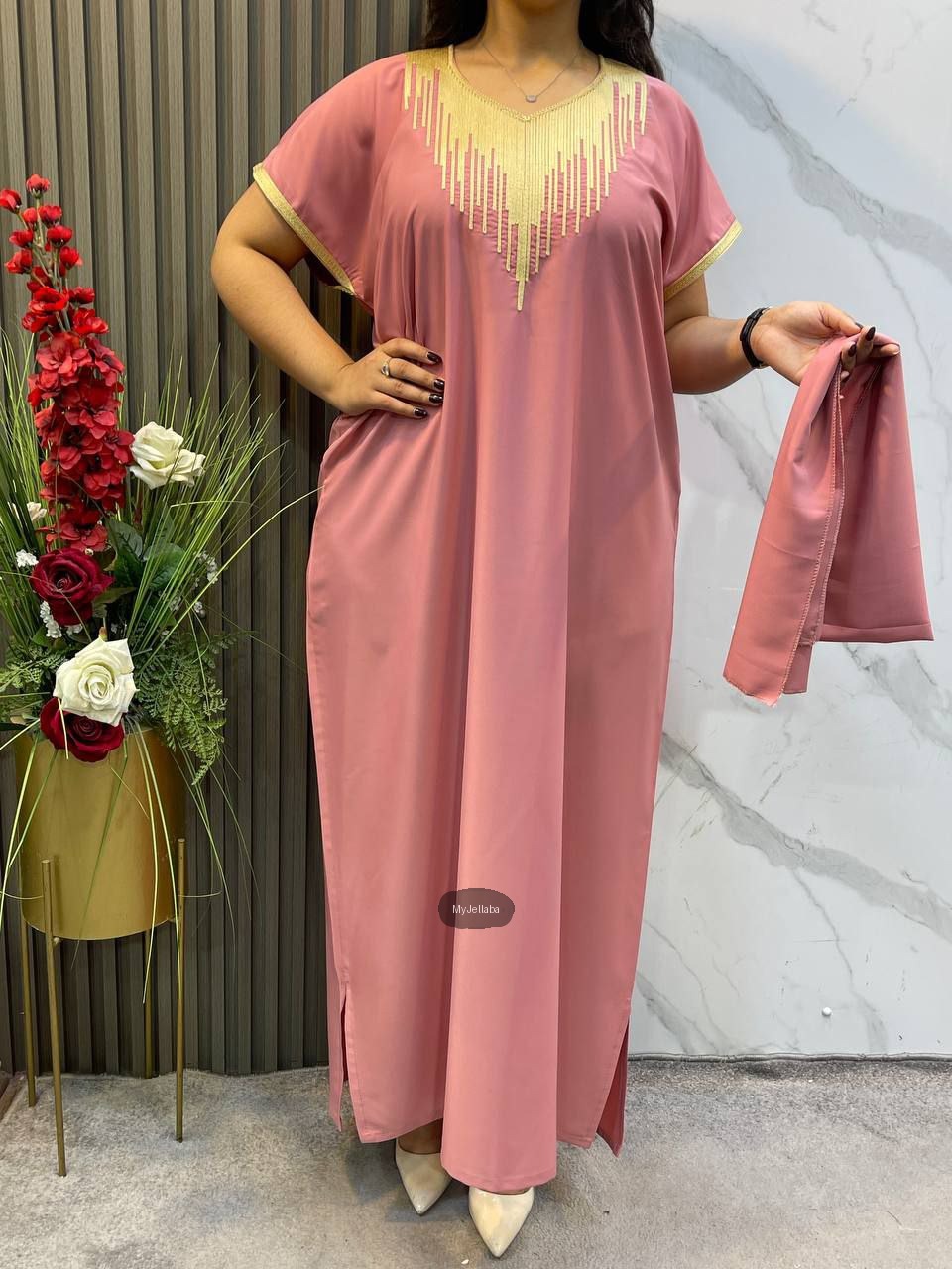 Boubou Élégant Brodée Rose Poudré