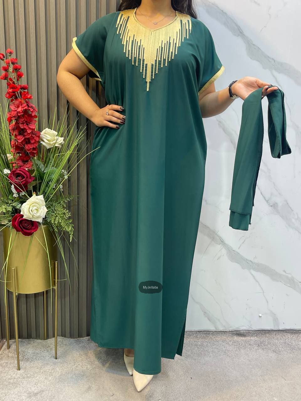 Boubou Elégant Vert Emeraude Brodée Or