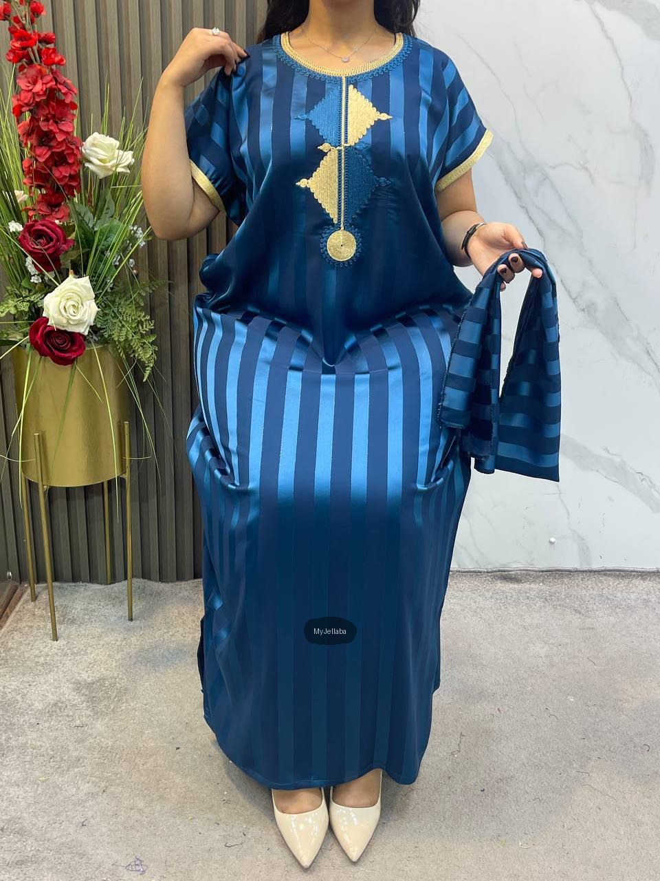 Jellaba Rayée Bleu Turquoise