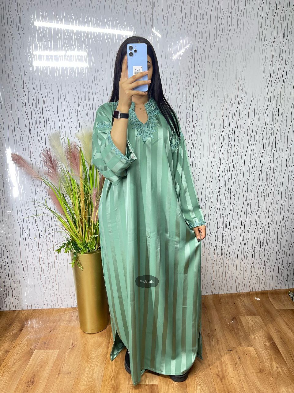 Jellaba Rayée Menthe Brodée