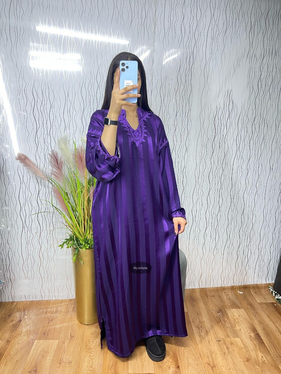 Jellaba Rayée Rose Poudré Brodée - 3