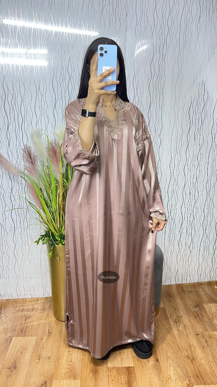 Jellaba Rayée Rose Poudré Brodée - 9