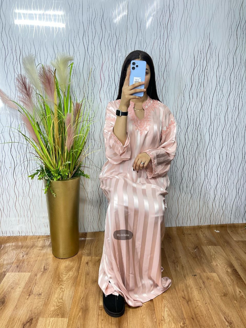 Jellaba Rayée Rose Poudré Brodée