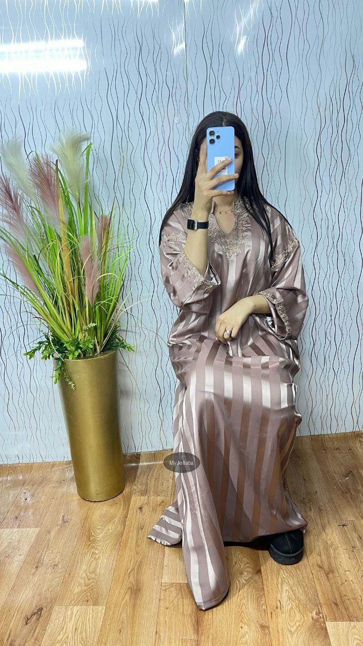 Jellaba Rayée Rose Poudré Brodée - 7