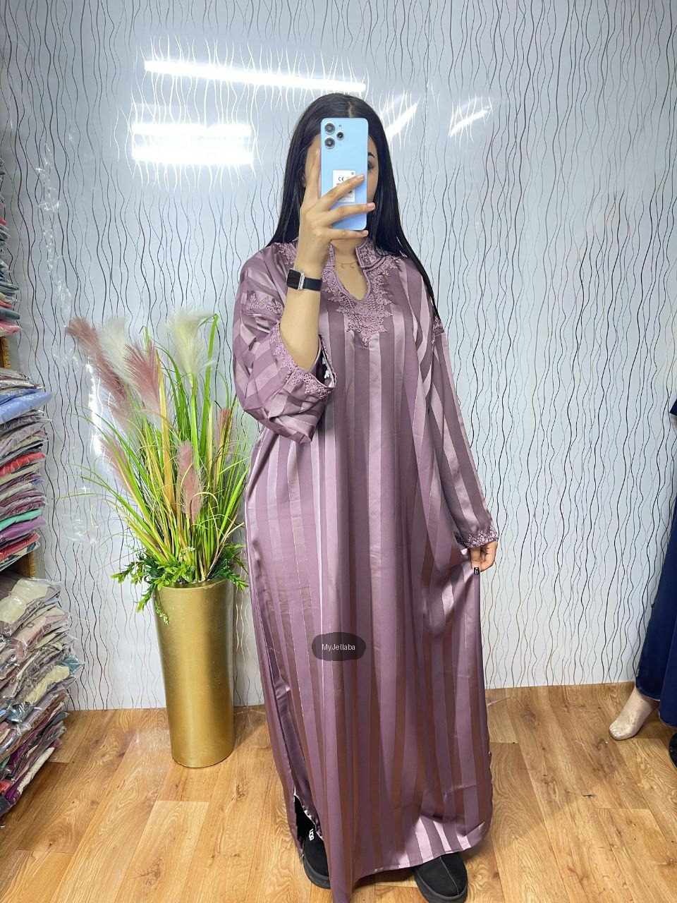 Jellaba Longue Rayée Violette Brodée - 3