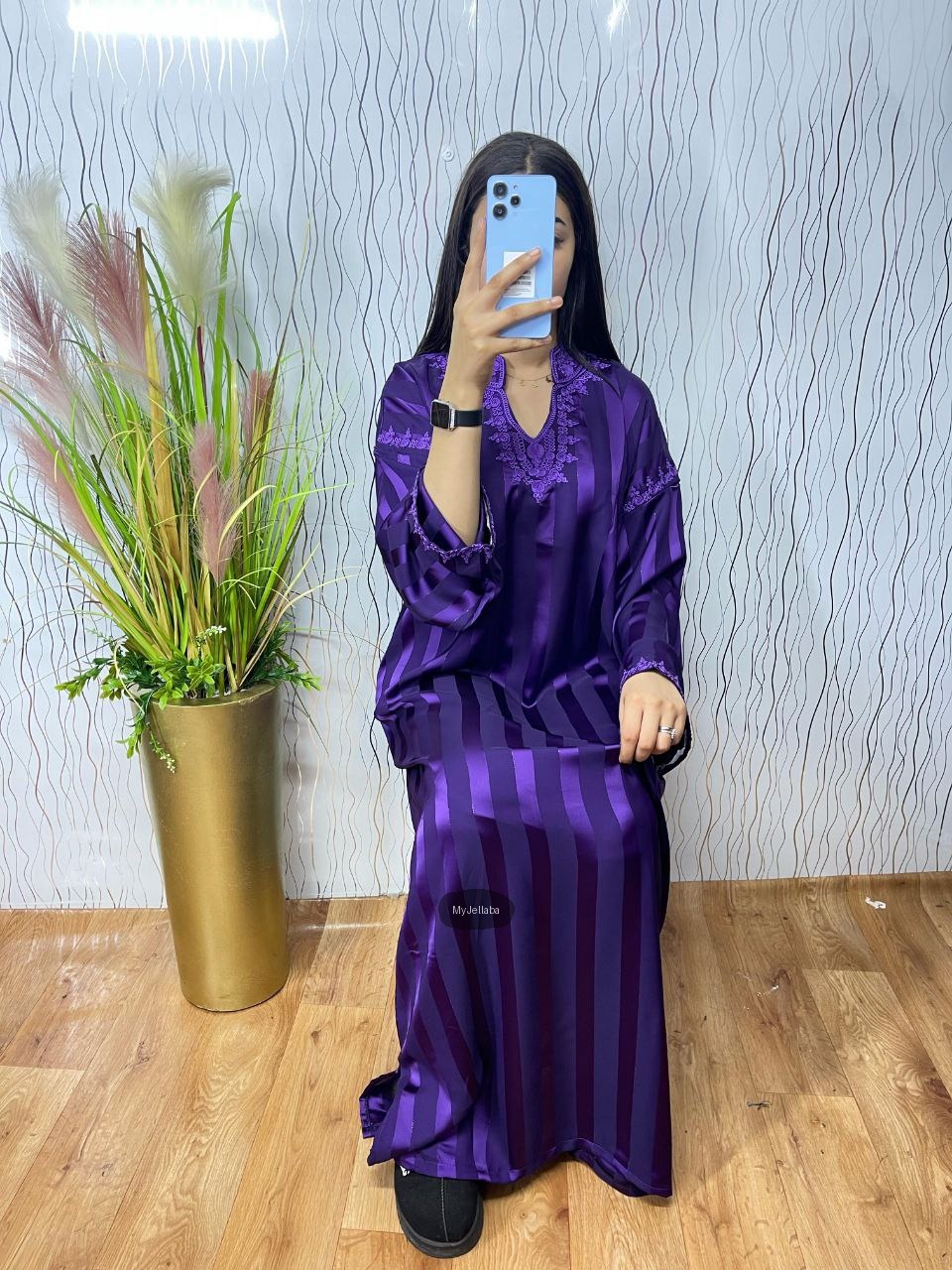 Jellaba Longue Rayée Violette Brodée
