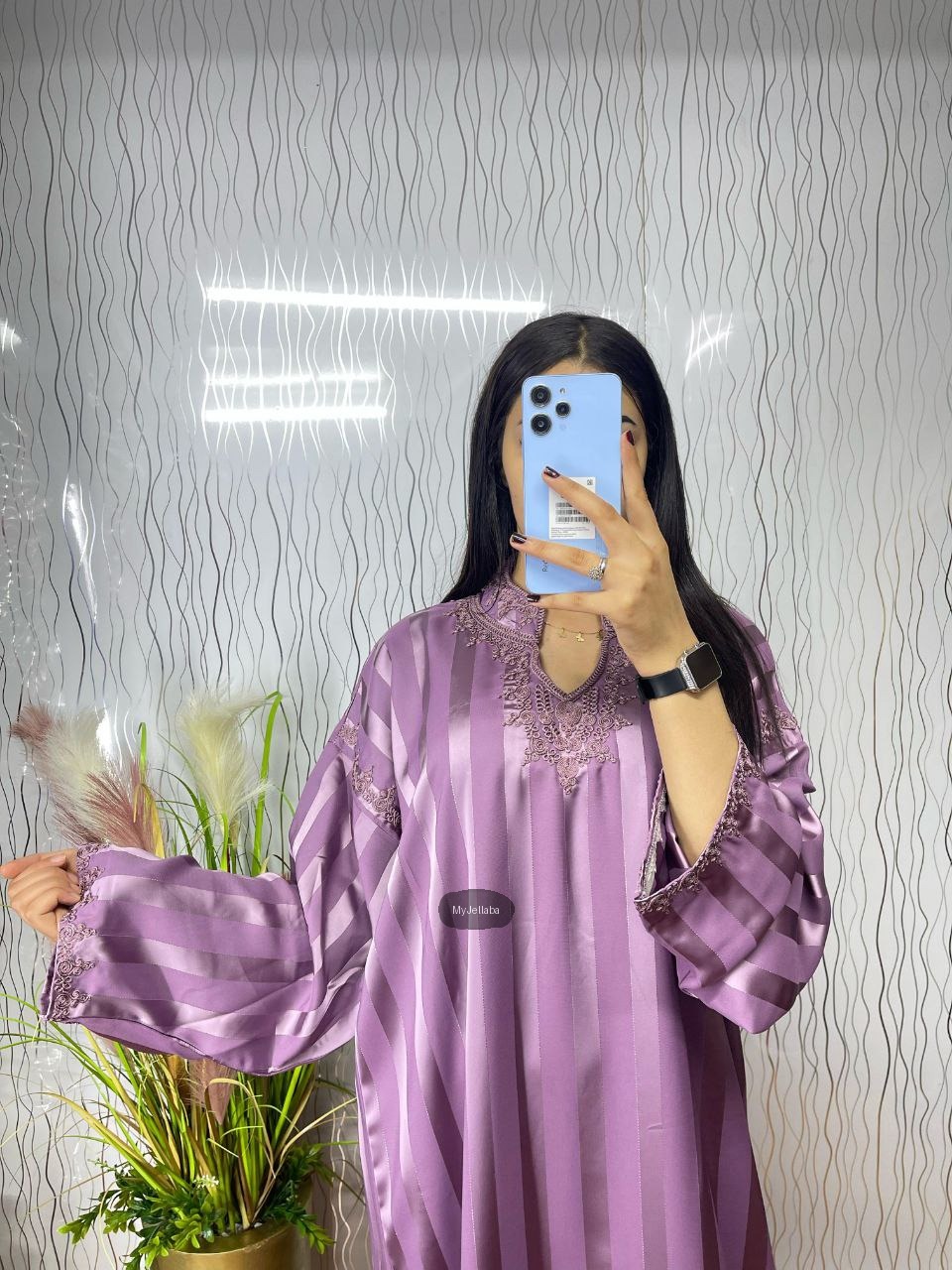 Jellaba Longue Rayée Violette Brodée - 7