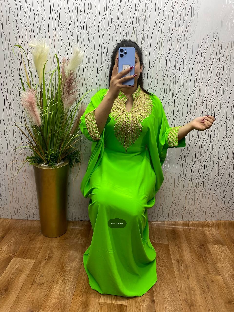 Boubou Élégant Vert Pomme Brodée Or