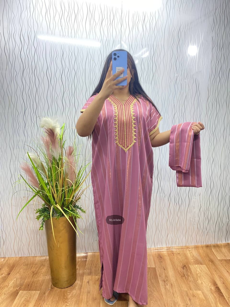 Jellaba Rayée Mauve Broderie Or