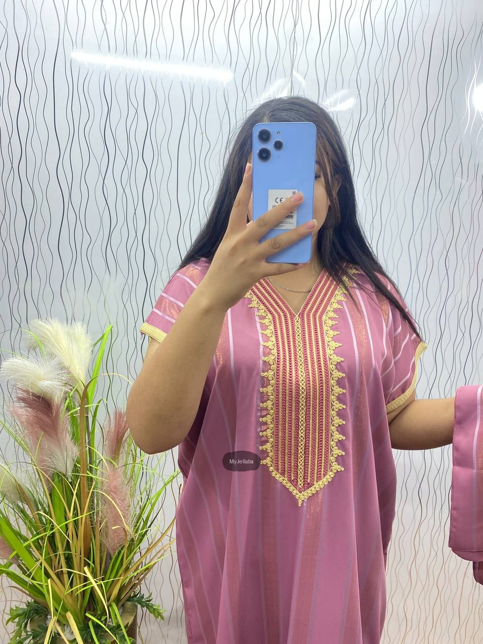 Jellaba Rayée Mauve Broderie Or - 3