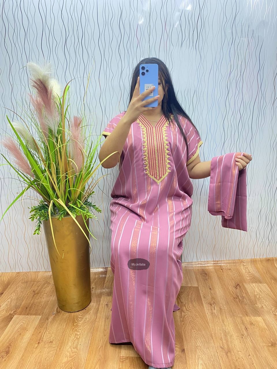 Jellaba Rayée Mauve Broderie Or