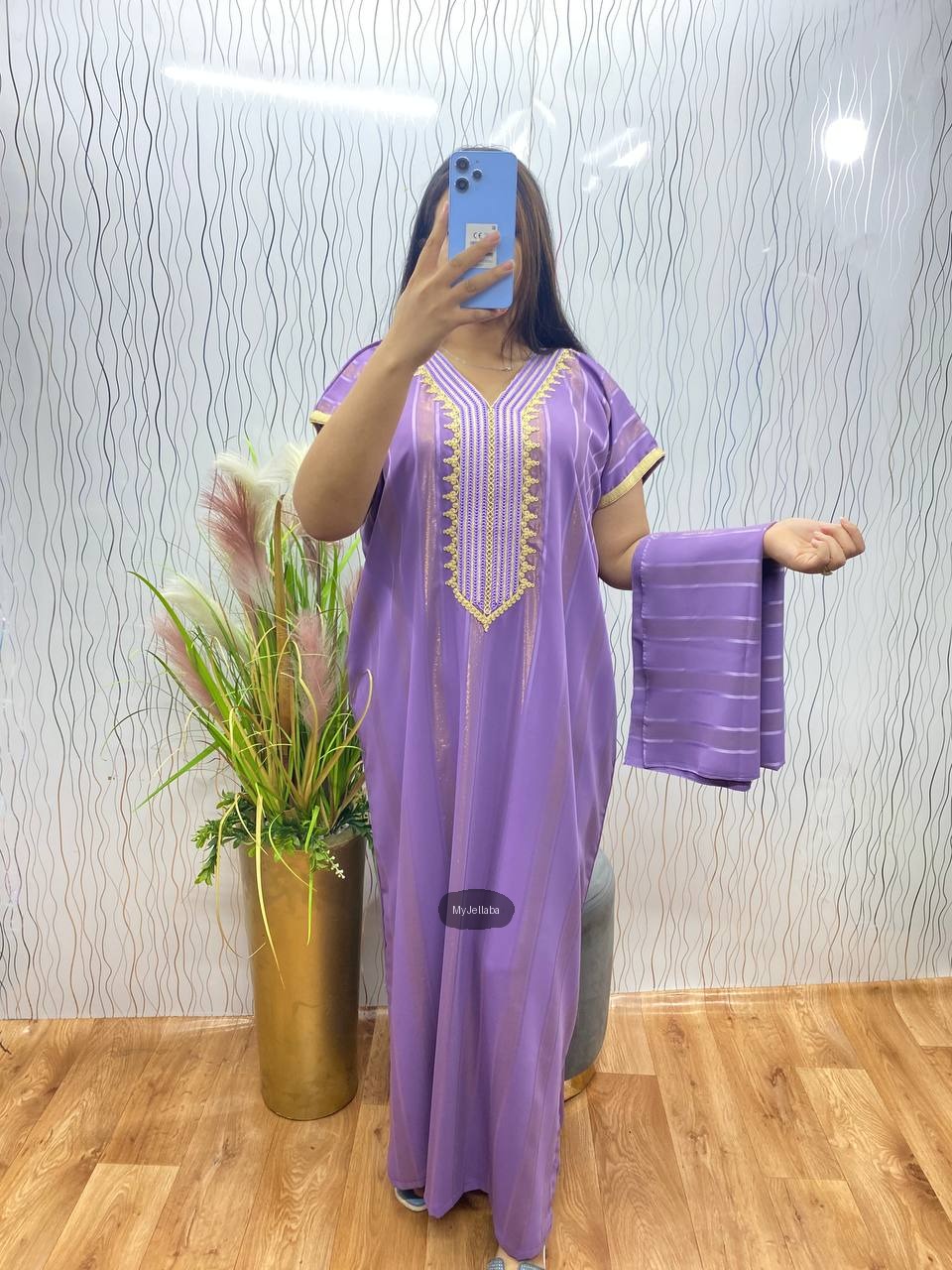 Jellaba Longue Rayée Lavande Brodée